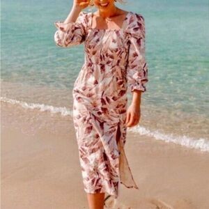 House of Harlow 1960 Linen Smocked Pink Palm Midi Dress Bishop Sleeve Medium